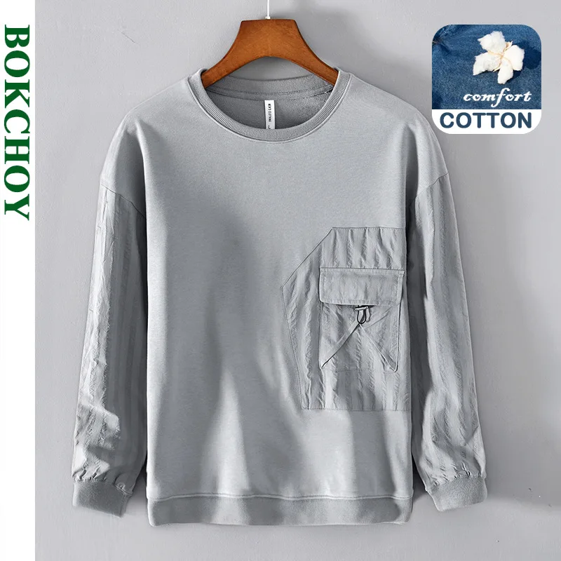 

2021 осень зима новый мужской свитер с круглым вырезом свободная повседневная прошитая футболка с длинными рукавами в полоску с карманом сер...