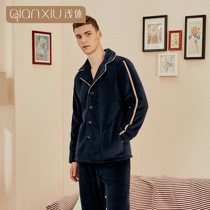 Зимняя мужская пижама Фланелевая коралловый флис Толстая Повседневная Простая