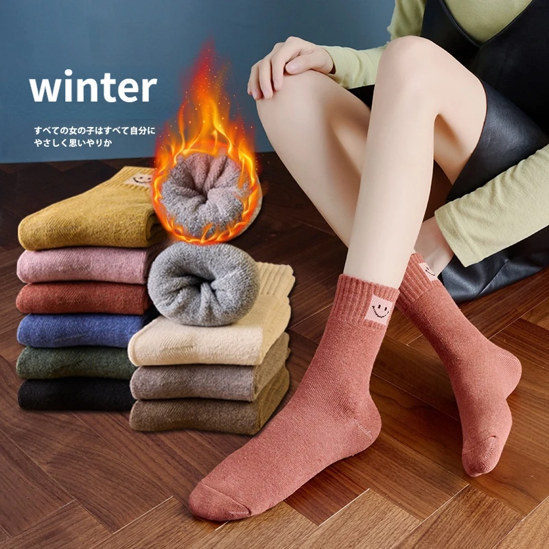 5 Pair Cute Sock Women's Middle Calf Winter Fleece Velvet Thick Warm Wool Hosiery Lady Cartoon Socks Towel Calcetines Female Sox