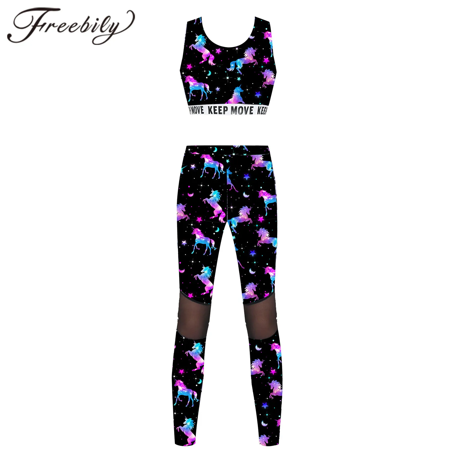 

Kids Girls Sportswear Printed Tracksuits Sport Top Mesh Patchwork Pant Leggings Workout Teens Ballet Dance Gymnastics Yoga Set