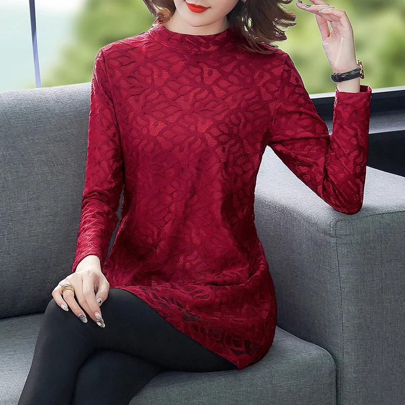

good quality plus big size blusas feminina women 2020 korean spring autumn black red long sleeve lace shirts female A5873