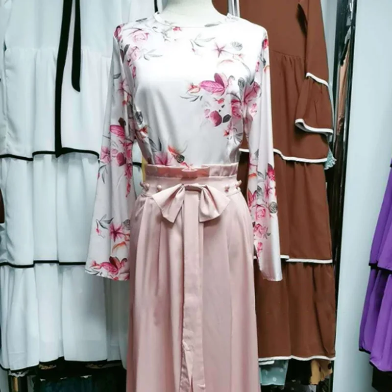 

Bow Abayas Muslim Abaya Islamic Clothes Musliman Fashion O-neck Floral Printed Long Sleeve Maxi Dress for Women