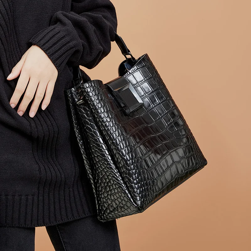 

Women Bucket Bags Handbags Cowhide Split Leather Female Shoulder Purse Crocodile Pattern New Designer Tote Ladies Famous Brand