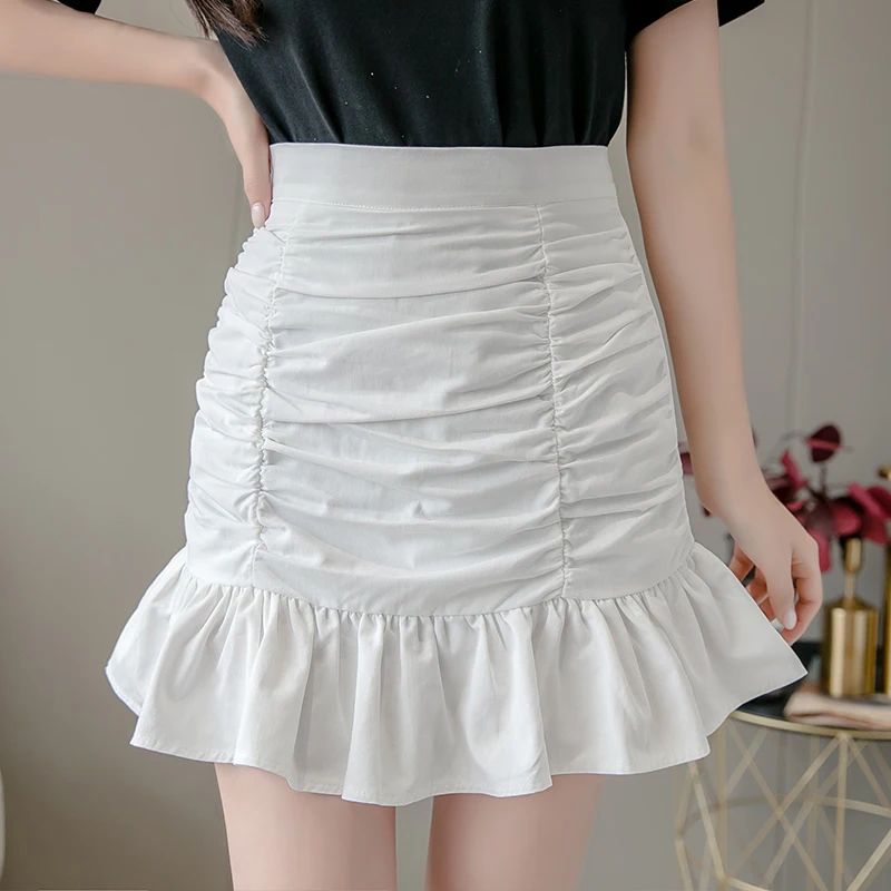

2021Fashion Women Skirts Solid High Waist Ruffles Ruched Stylish Streetwear Fresh All-match Designer Sexy Lady Mini Ins