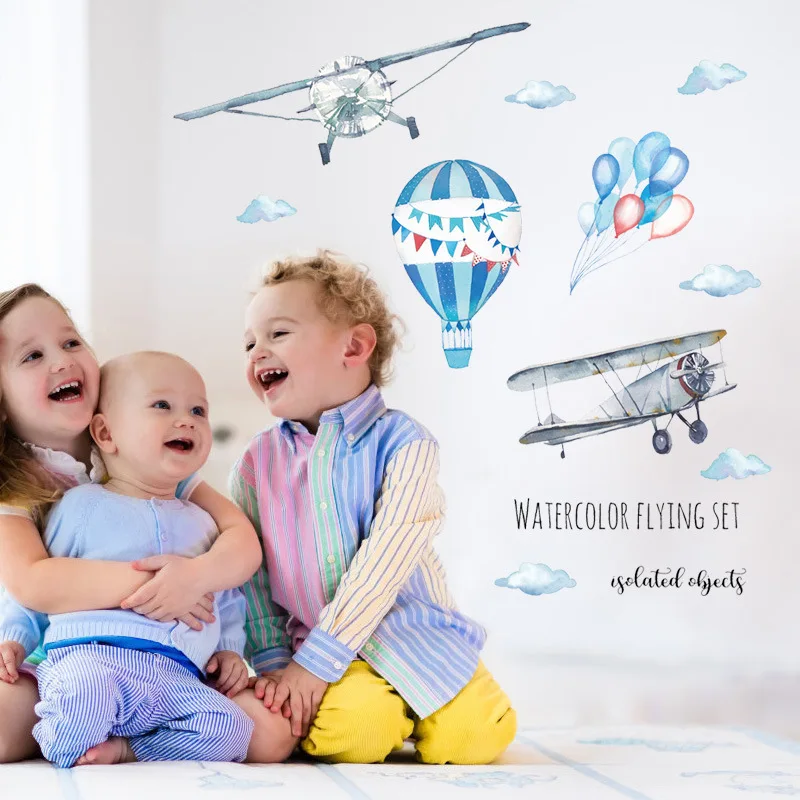 

Watercolor airplane hot air balloon Wall Sticker kids baby rooms home decoration PVC Mural Decals nursery stickers wallpaper