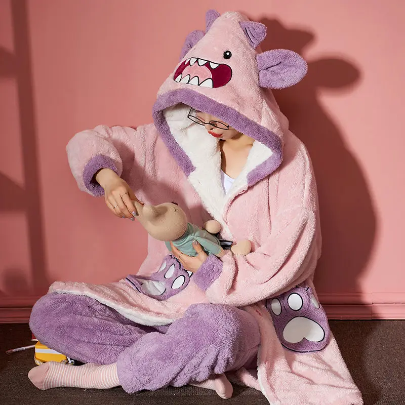 

Autumn and Winter Pajamas Women Thickened Plus Velvet Long Coral Velvet Pajamas Cartoon Plus Size Two-piece Flannel Home Service