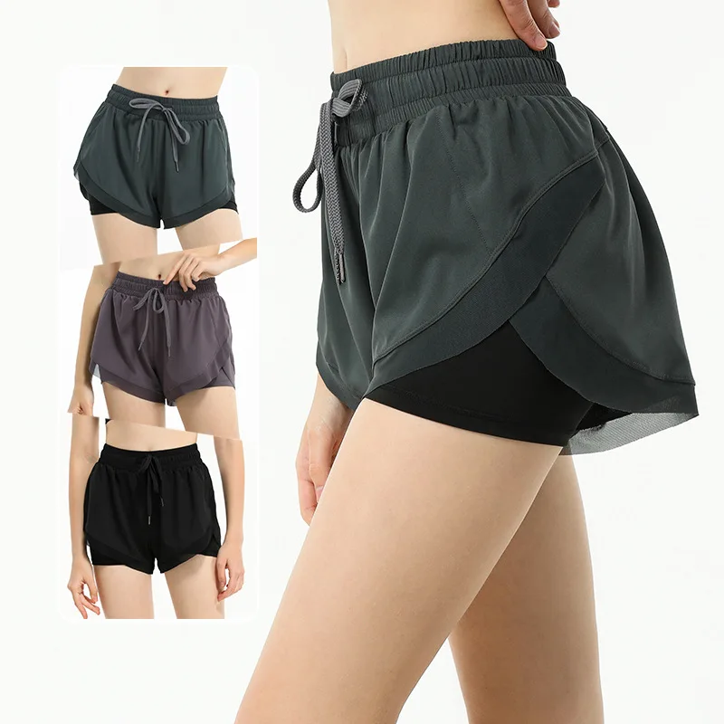 

European Running Quick-Drying Anti-Exposure Lace-up Yoga Pants Loose Sports and Leisure Fitness Pants Women's Fake Two Pieces