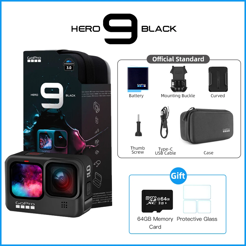  GoPro HERO 9 Black Underwater Action Camera 4K 5K with Color Front Screen, Sports Cam  20MP Photos, Live Streaming Go Pro HERO 9 