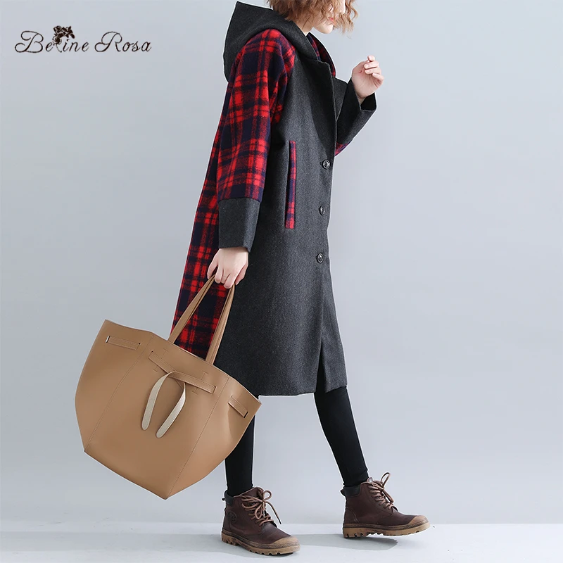 BelineRosa Англия Стиль Плед Зимнее Пальто Свободные Длинные Лоскутные Плюс Размер