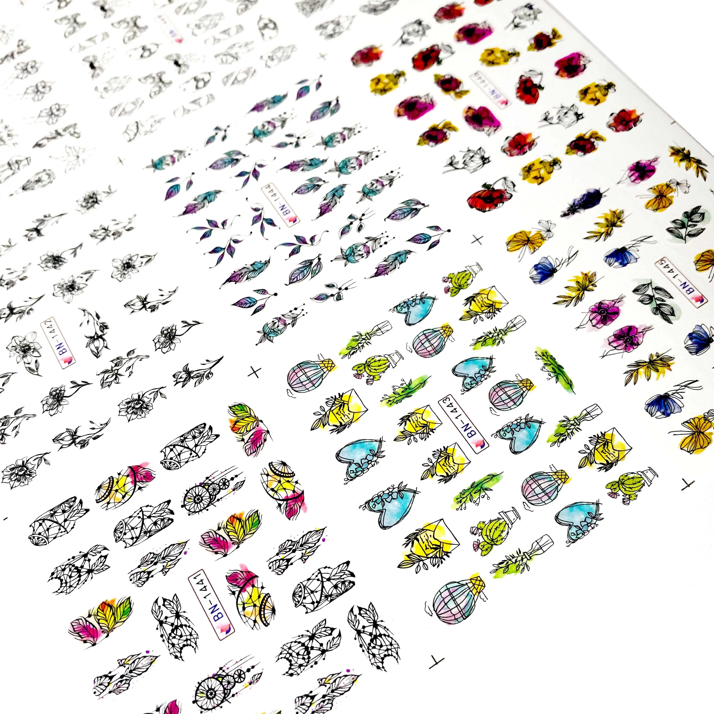 12 видов акварельных наклеек для ногтей в виде листьев с перьями птиц слайдер