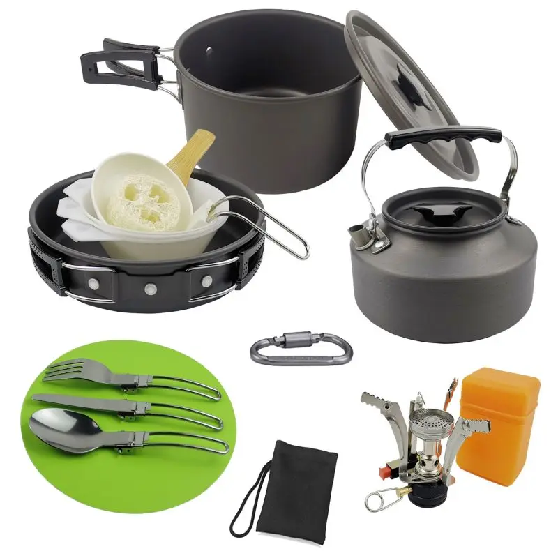 

Outdoor Tourism Equipment All In 1 Travel Protable Camping Cookware Cooking Set For Hiking Picni Dinner Kit With Burner Stove