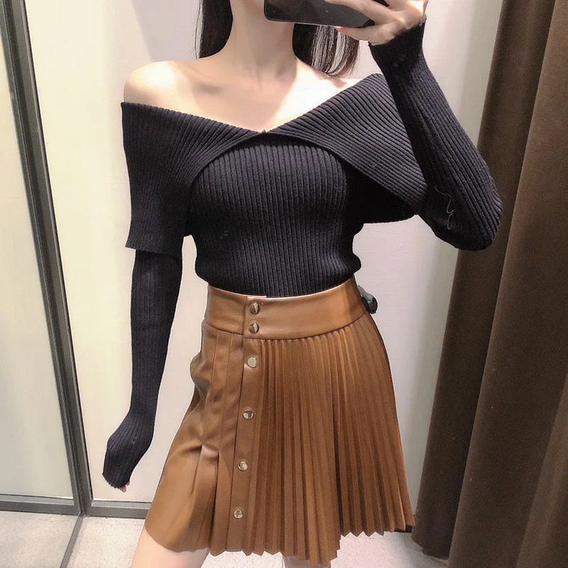 

Knitted 2021 Spring Autumn New Sexy Low-Cut Tight-Fitting Solid Color Bottoming Elegant Sweater Temperament Shirt Off Shoulder