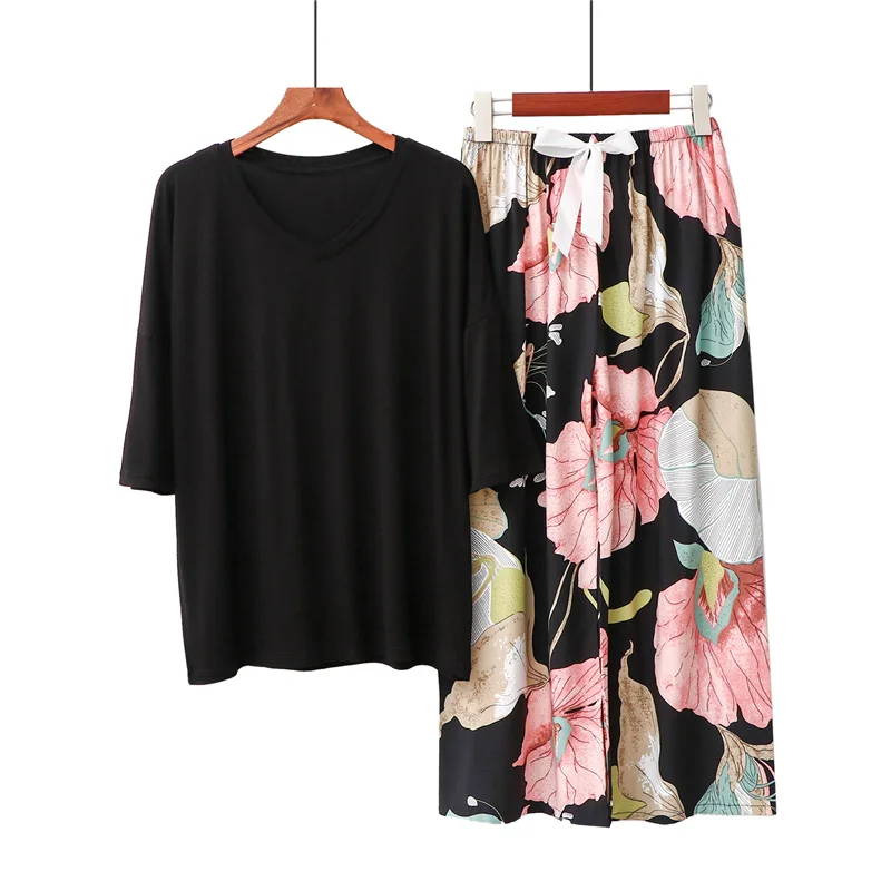 

2 Pieces casual Nightwear Set, Female Solid Color Round Neck Short Sleeve Tops+ Floral Print Pyjama Trousers for Summer Fall