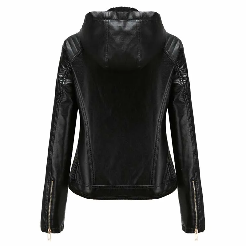 PU Faux Leather Jacket Women Autumn Winter Long Sleeve Hoodies Warm Tops Female Motorcycle Bf Style Black Leather Jacket Outer