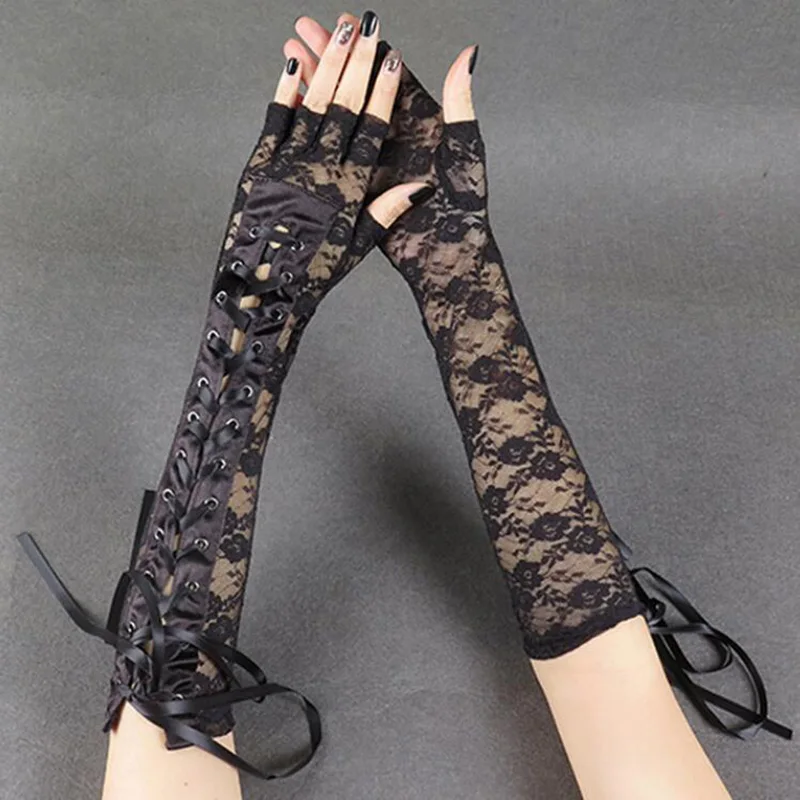 

Sexy Lace Gloves Woman's Thin Long Hollow Elasticity Nightclub Punk Half Finger Temptation Ribbon Rivet Cceremonial Mittens M53