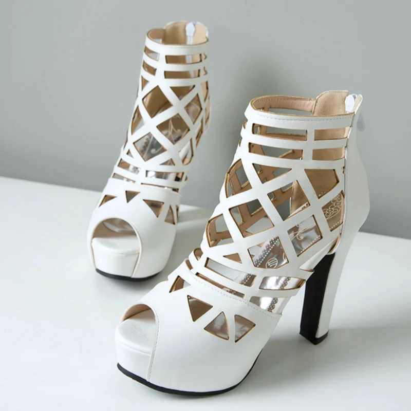 Autumn Summer Ankle Boots For Women PU Leather High Heels Short Platform Cut-outs Black Red White Party Shoes Large Size | Обувь