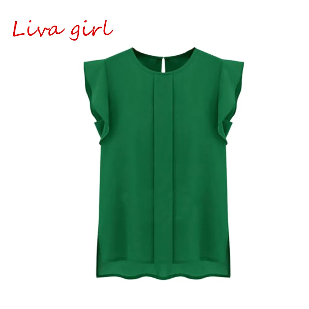

Women Blouse Shirt Summer Short Sleeve Chiffon Solid Color Tops Elegant OL Blouses