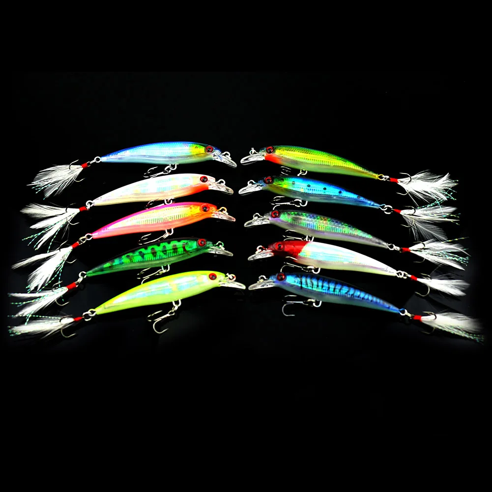 

Hot Sale 10 Pcs Fishing Lure Minnow Wobblers Bait Tackle Artificial Baits Crankbait with Feather Hooks 9cm X85