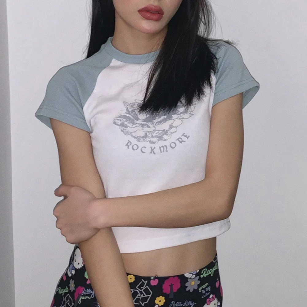 

Fashion Cute Angel Print T-shirt Short Sleeve Crop Tops Women Knitted Slim Casual T-Shirt Female Streetwear Tees