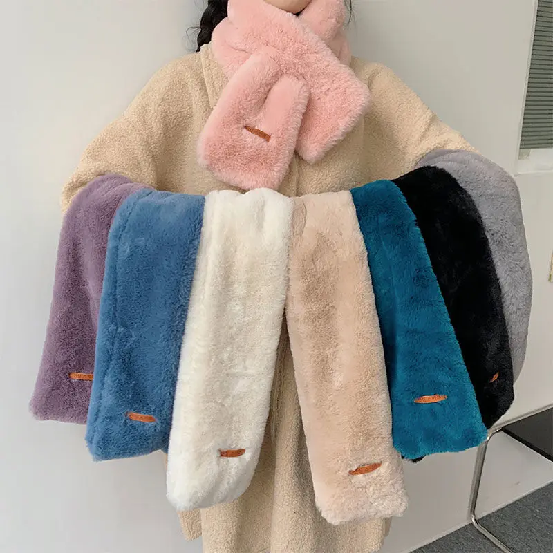 

Korean Solid Color Rabbit Fur Collar Woman Cross Plush Scarf Winter Knit Double Sided Thick Neck Guard Windproof Warm Shawl T48