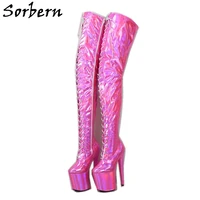 sorbern holo fuchsia long boots for pole dance stripper heel 20cm crotch thigh high boot side zipper drag queen custom 15cm 17cm