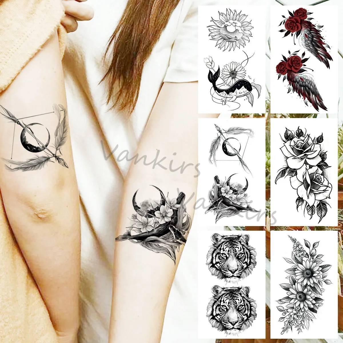 Black Cupid Arrow Temporary Whale Tattoos For Women Girls Realistic Tiger Dahlia Rose Daisy Fake Tattoo Sticker Arm Body Tatoos