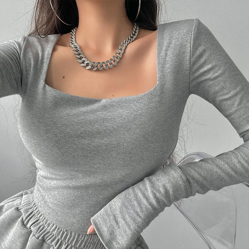 WOMENGAGA Hot Girl Sexy Tight Double Layer Square Neck Super Long Sleeve Short Autumn Winter T-Shirt Top Women Tees Korean PU5E