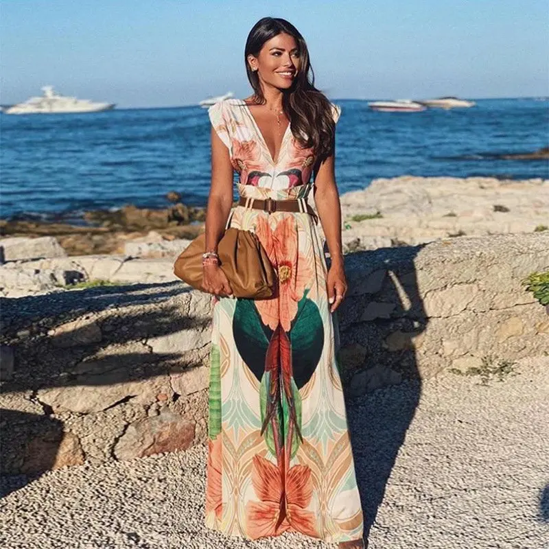 

2021 New Summer Beach Bohemian Fashion Lady Wide Leg Loose Trousers Casual Long Pants Deep V-neck Flower Floral Printed Jumpsuit