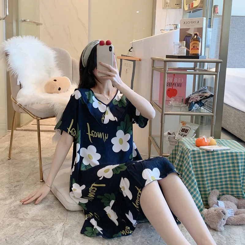 2021 New Summer Women's Nightdress Short Sleeve Nightgown Thin Large Size Loose Printed Housewear Female Sleepwear Nightwear