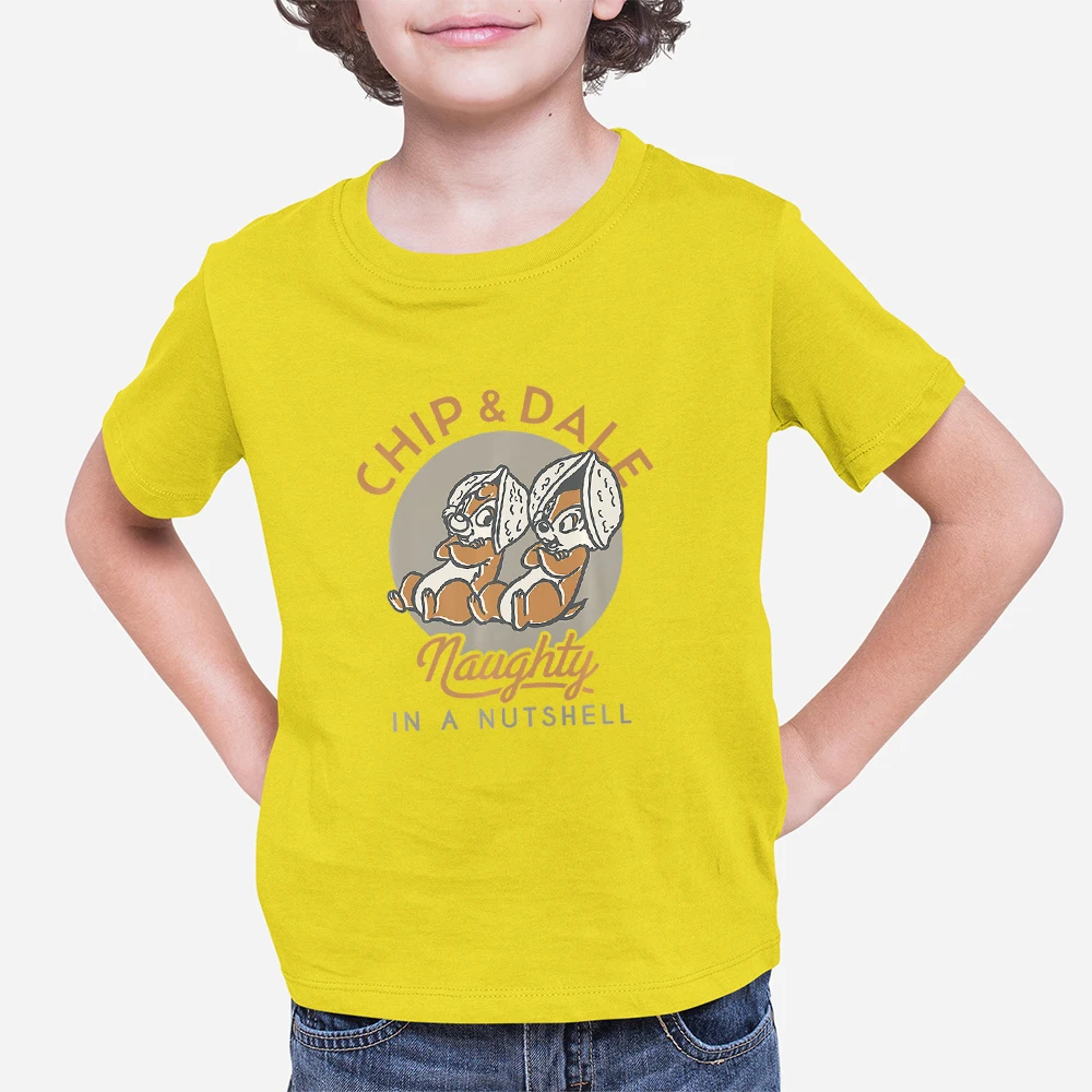 

Детские футболки Disney Летние новинки Модные прямые поставки Футболки унисекс с круглым вырезом и коротким рукавом с принтом Chip 'n' Dale Детские