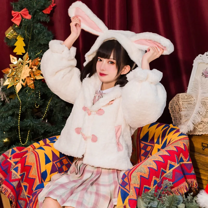 Spring Plush Cute Rabbit Faux Fur Ear Lolita Coat Jk Women Coats Lolitas Tweed Overcoat Kawaii Cosplay Anime Girls Loose Top