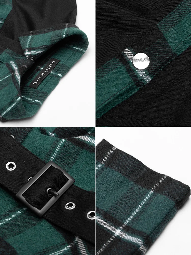 Панк рейв Женская гранж с пышными рукавами зеленый плед платье рубашка поясом PQ