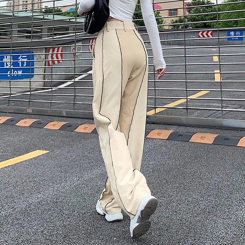

YICIYA Casual Loose Ladies Wide Leg Pants Contrast Stitch Striped Vintage 90s Streetwear High Waist Baggy Straight Trousers