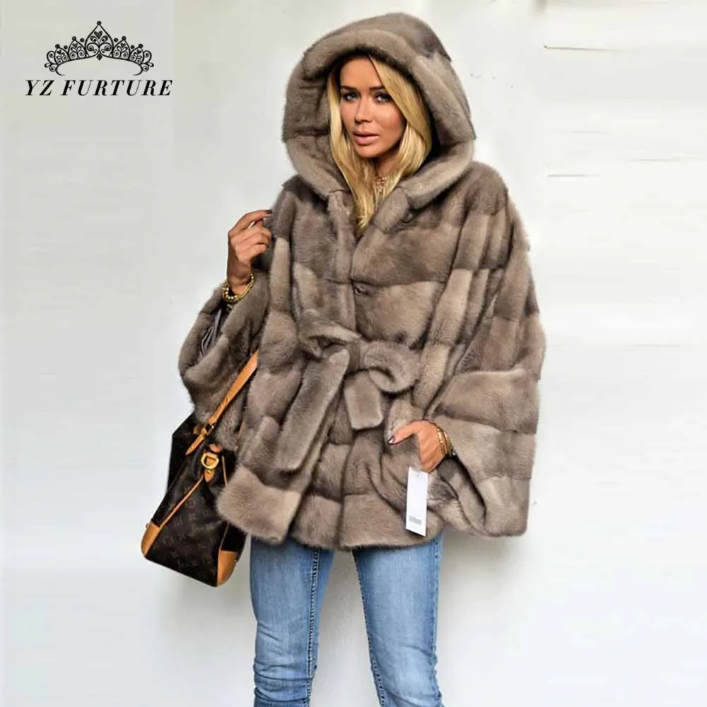 Женская шуба из меха норки зимняя натурального летучая мышь с капюшоном|Шубы и