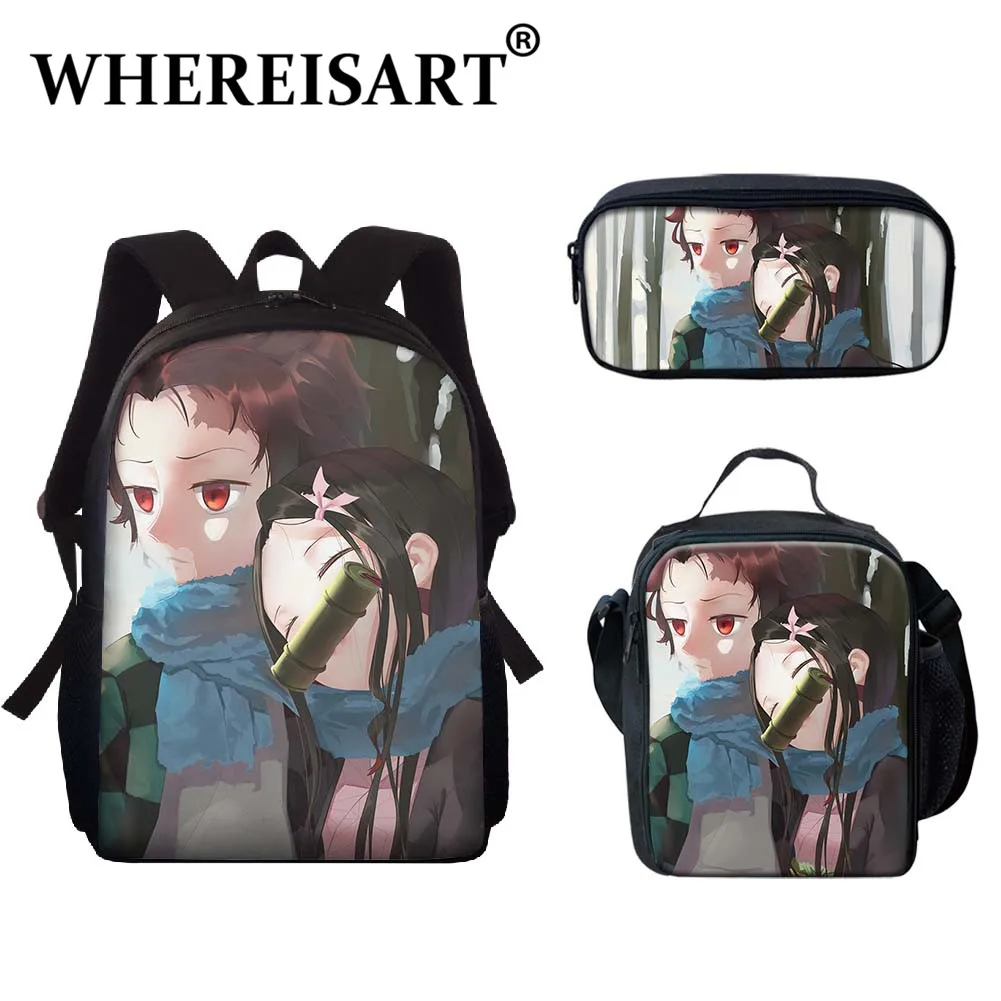 

WHEREISART Young Men Women's Anime Demon Slayer School Bag Tanjirou Nezuko 3pcs/Set Backpack Luxury Pencil Case Kid Shoulder Bag