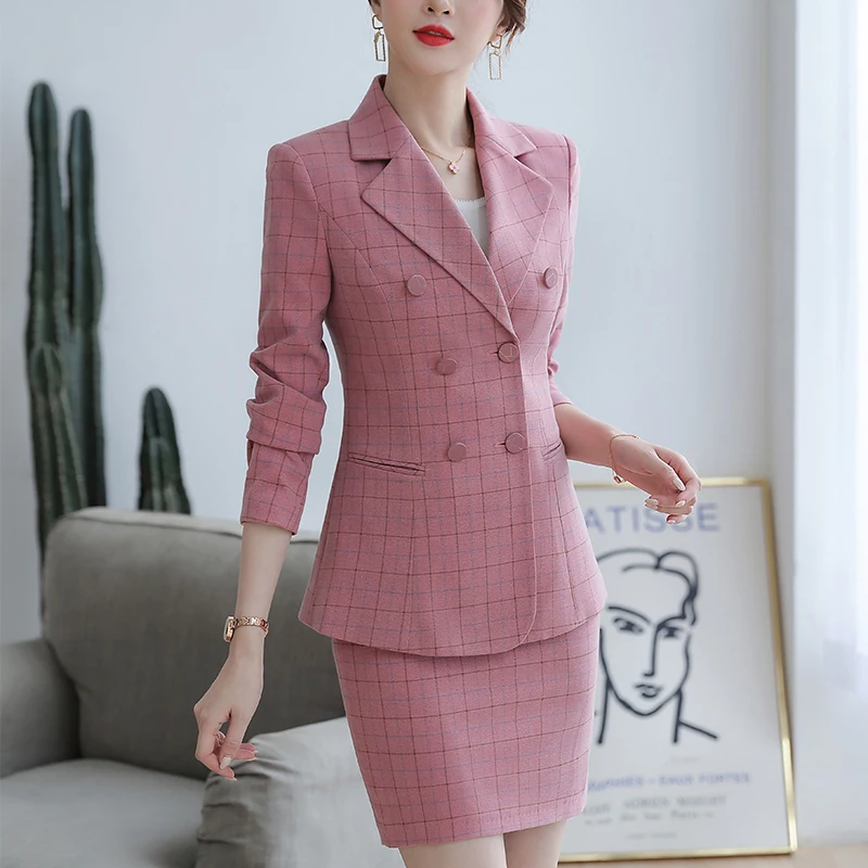SUSIELADY Женский блейзер юбки костюмы в клетку для офиса женские двубортный с поясом