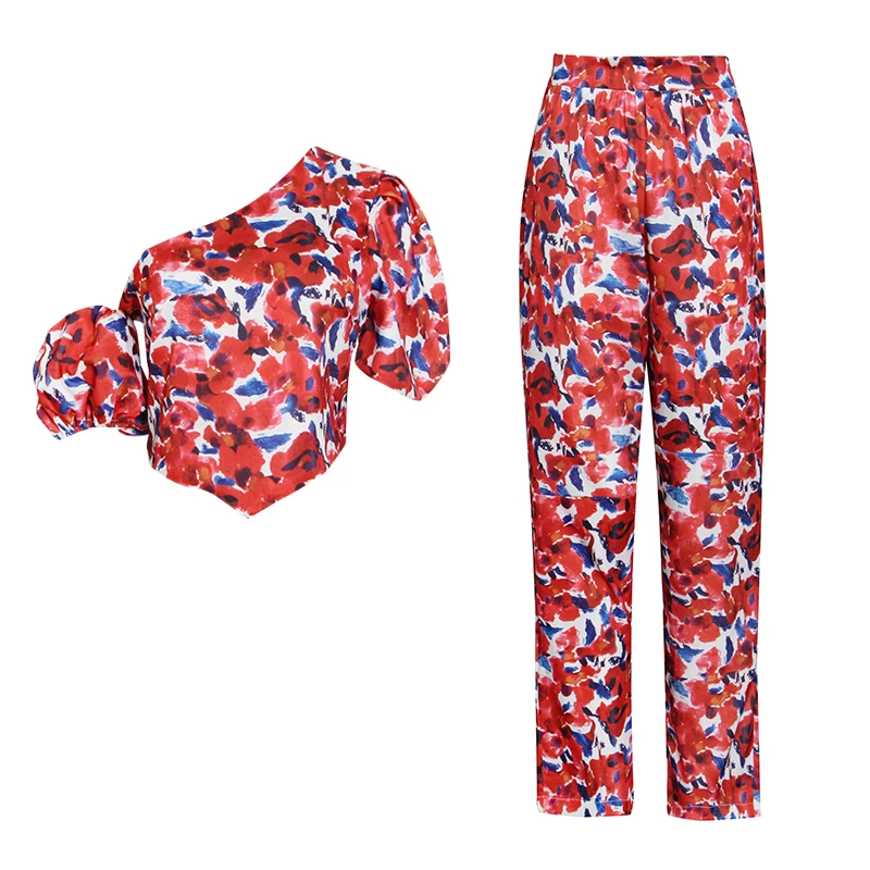 

Женский Повседневный комплект из двух предметов, топ с косым воротником и коротким рукавом, топ с высокой талией и принтом