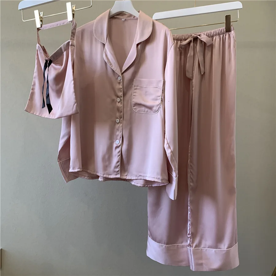 Pink Осень Зима Новая женская пижама с длинным рукавом ледяной шелк набор атласная мягкая модная Пижама - Цвет: Pink