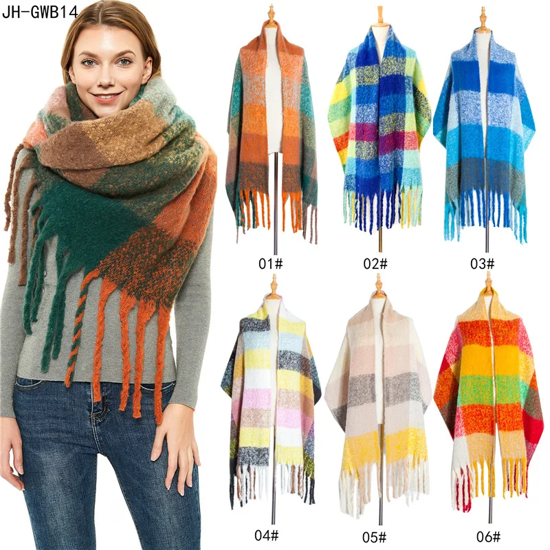

Новинка зимы 2021, Модный женский плотный шарф с кисточками в клетку, 31 цвет, большой плотный шарф-оплетка с кисточками, плотный шарф-оплетка с ...