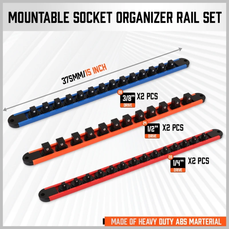 

Socket Organizer, 1/4 Drive x 28 Clips, 3/8 Drive x 28 Clips, 1/2 Drive x 24 Clips, Portable Socket Clip Rail Holder