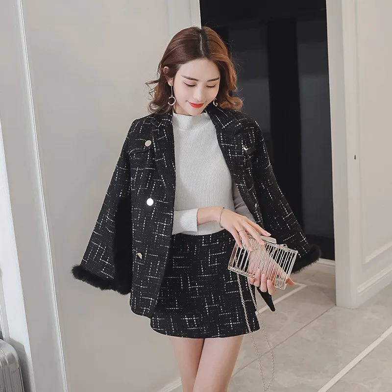 High Quality Ladies Autumn Winter Tweed Outfits Flare Sleeve Double Breasted Coats Slim Fit A-Line Skirts Fashion Streetwear | Женская