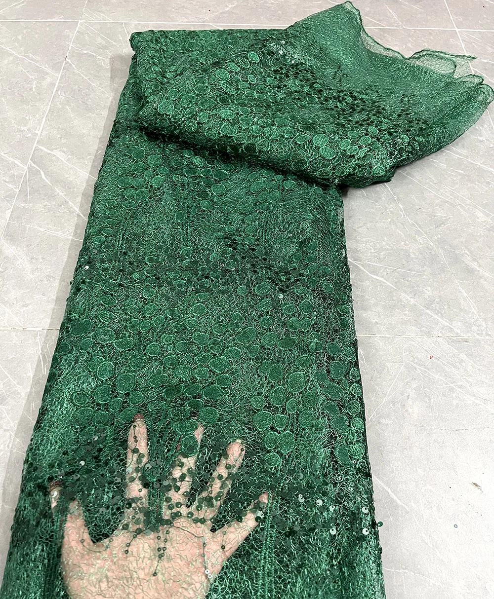

African Sequence Lace Fabric Embroidery Green French Mesh Lace Fabric With Sequins Nigerian Tulle Lace For Party