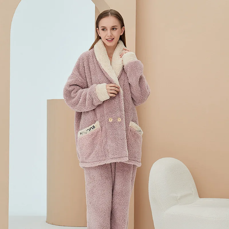 horswula Coral Fleece Pajamas Autumn Winter Cardigan Flannel Home Clothes Suit Sleepwear Pajamas Winter Ladies Thicken Suits