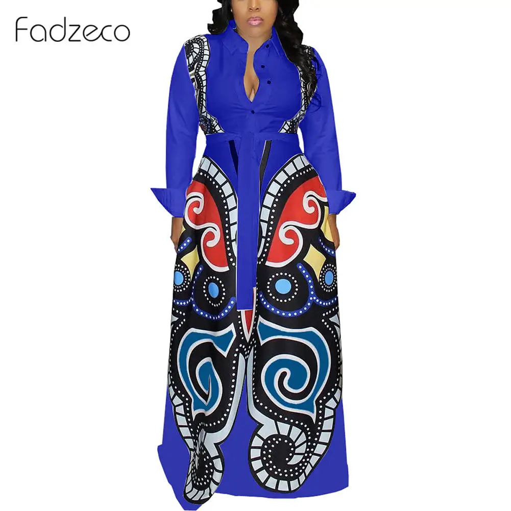 Royal Blue Fadzeco женская рубашка в африканском стиле с длинными рукавами, элегантные сексуальные платья с цветочным принтом и пуговицами, Повседневные Вечерние платья макси с поясом - Цвет: Royal Blue