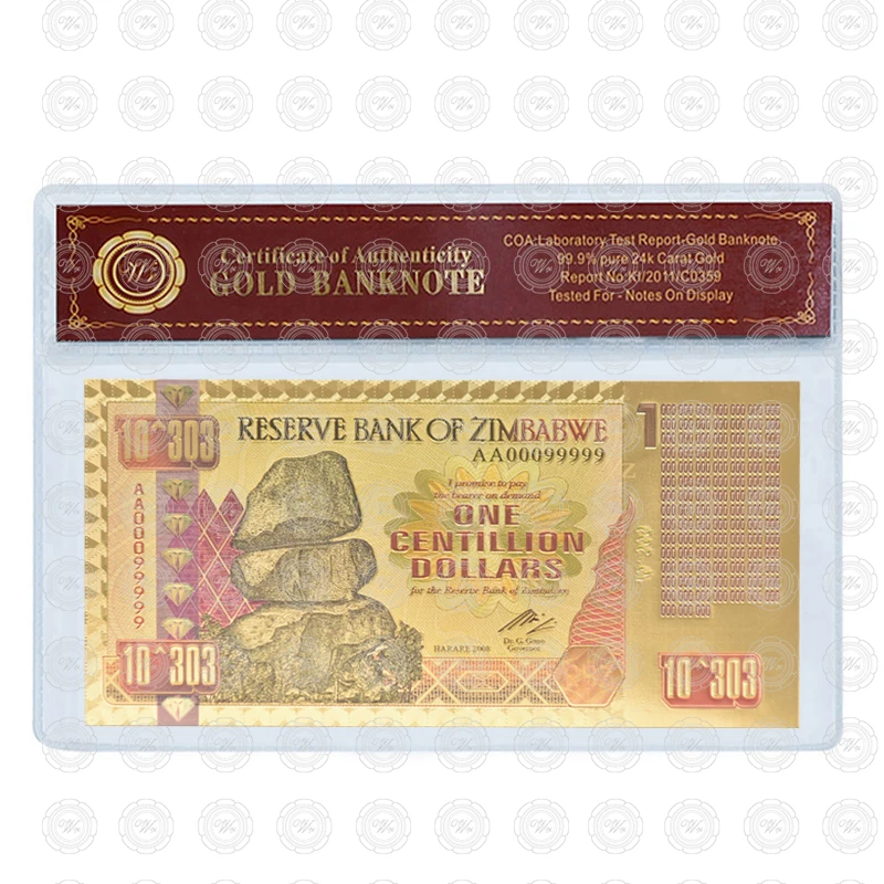 1 Centillion Sleeve Zimbabwe$ Z100 триллион/100 кинтриллион/5 октиллион/100 декальон долларовые банкноты из золотой фольги реплики банкнот Бумажные деньги бизнес подарок - Цвет: 1 Centillion Sleeve