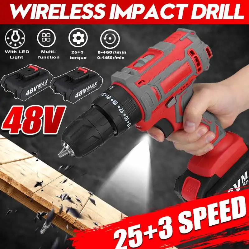 

48 в 25 + 3 крутящего момента Беспроводная электрическая дрель 28 нм мини Ударная дрель электрическая отвертка дрель с 2 литий-ионными батареями