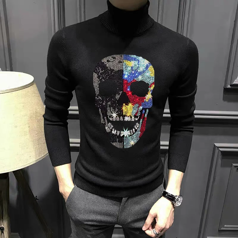 

Winter New Men's Turtleneck Sweater Slim Comfortable Tops Quality Knitted Pullover Skull Long Sleeve Hot Diamond