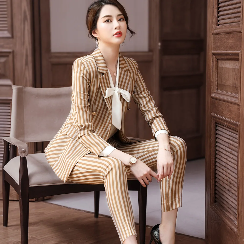 Костюм брючный женский в полоску хаки весна осень одежда для студентов колледжа