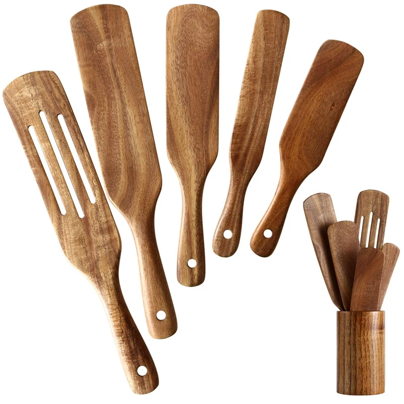 

6 Pack Natural Teak Cooking Utensils Set, Non Stick Wooden Cookware Slotted Spurtle Spatula Sets for Stirring, Mixing