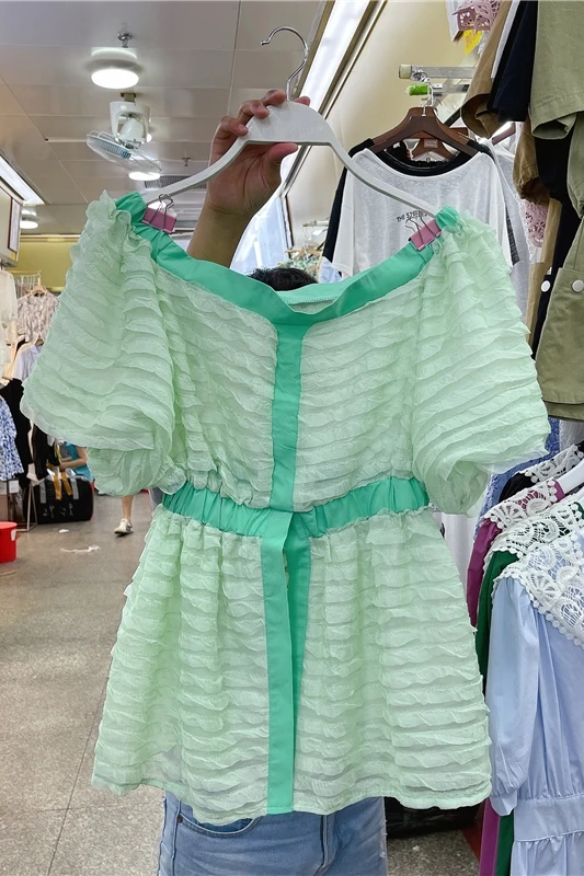 

2021 Summer Korean Style Retro Matching Blouses Ruffled Off Shoulder Slim Waist Chiffon Shirt Female Short Sleeve Loose Top